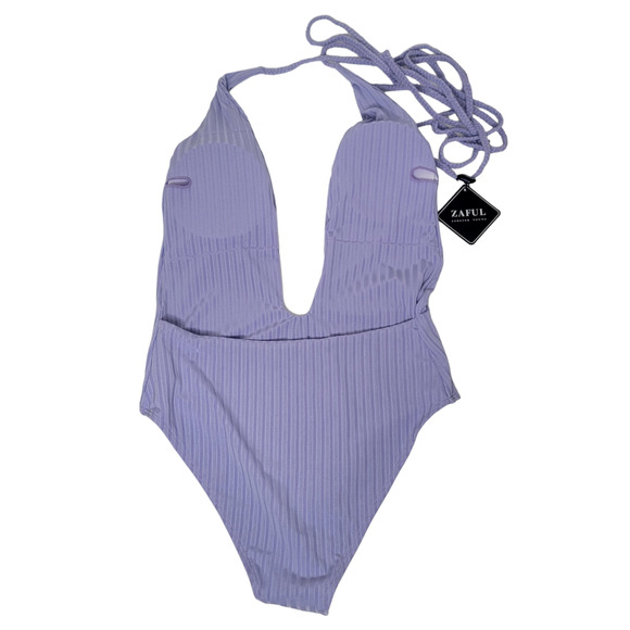 NWT Zaful Deep V Ribbed Swimsuit Sexy One Piece Lilac Pastel Medium Open Back - Picture 6 of 10